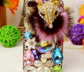 Crystal studded iphone 5 case, iphone case, iphone 5, handmade, faux fur, 3d, luxurious, designer case 